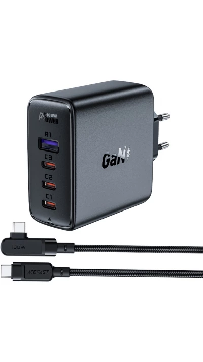 Acefast 100W GaN Schnellladegerät (3x USB-C / 1x USB-A) mit 100W USB-C Winkelkabel (2 m) - Schwarz