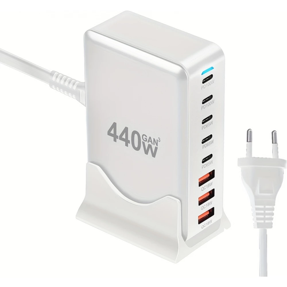 Chargeur rapide multi-port 440W GaN avec indicateurs LED 8 en 1 USB-C/USB-A prise CH/EU - Blanc