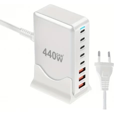 Chargeur rapide multi-port 440W GaN avec indicateurs LED 8 en 1 USB-C/USB-A prise CH/EU - Blanc
