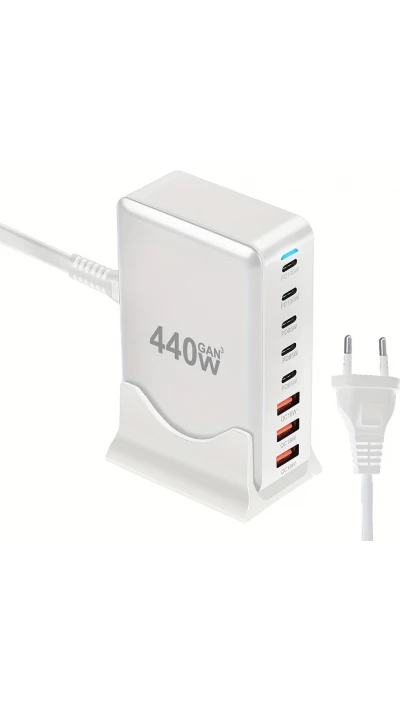 Schnellladegerät 440W GaN Multi-Port mit LED-Anzeigen 8-in-1 USB-C/USB-A CH/EU - Weiß