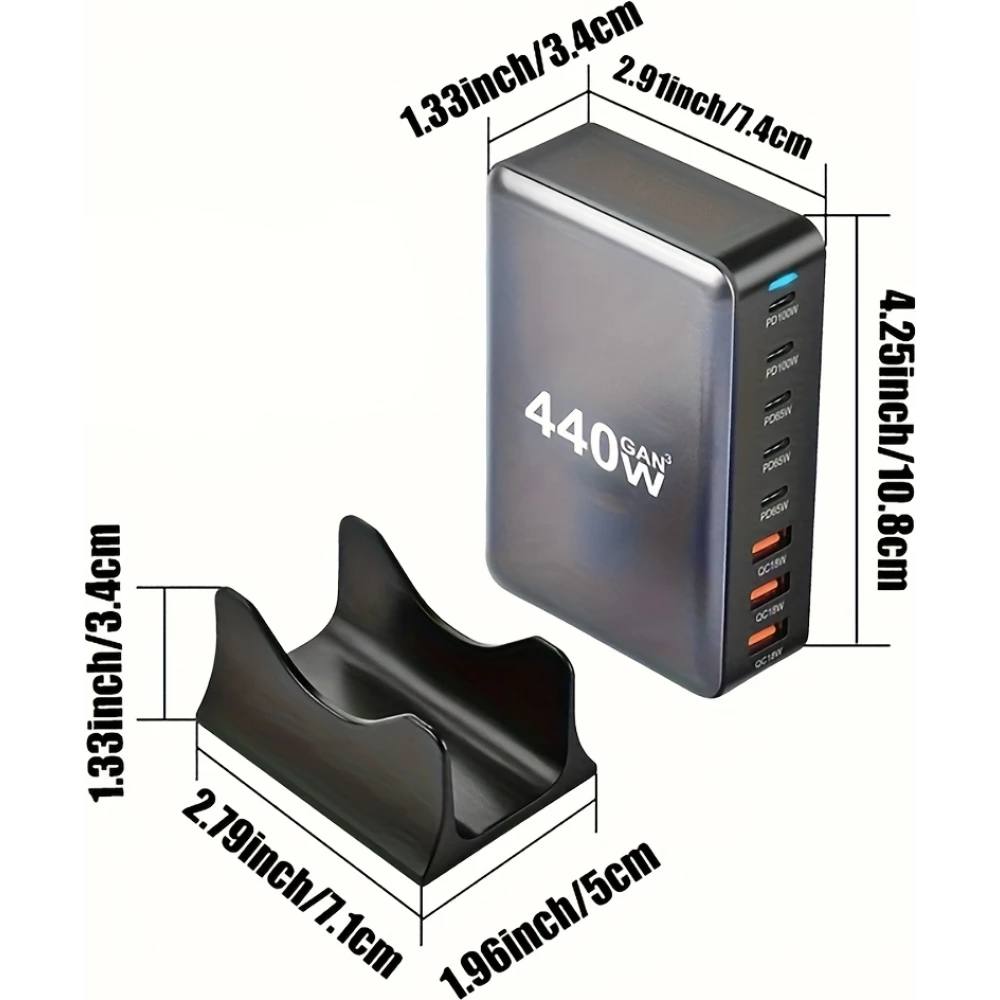 Chargeur rapide multi-port 440W GaN avec indicateurs LED 8 en 1 USB-C/USB-A prise CH/EU - Blanc