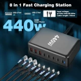 Chargeur rapide multi-port 440W GaN avec indicateurs LED 8 en 1 USB-C/USB-A prise CH/EU - Blanc