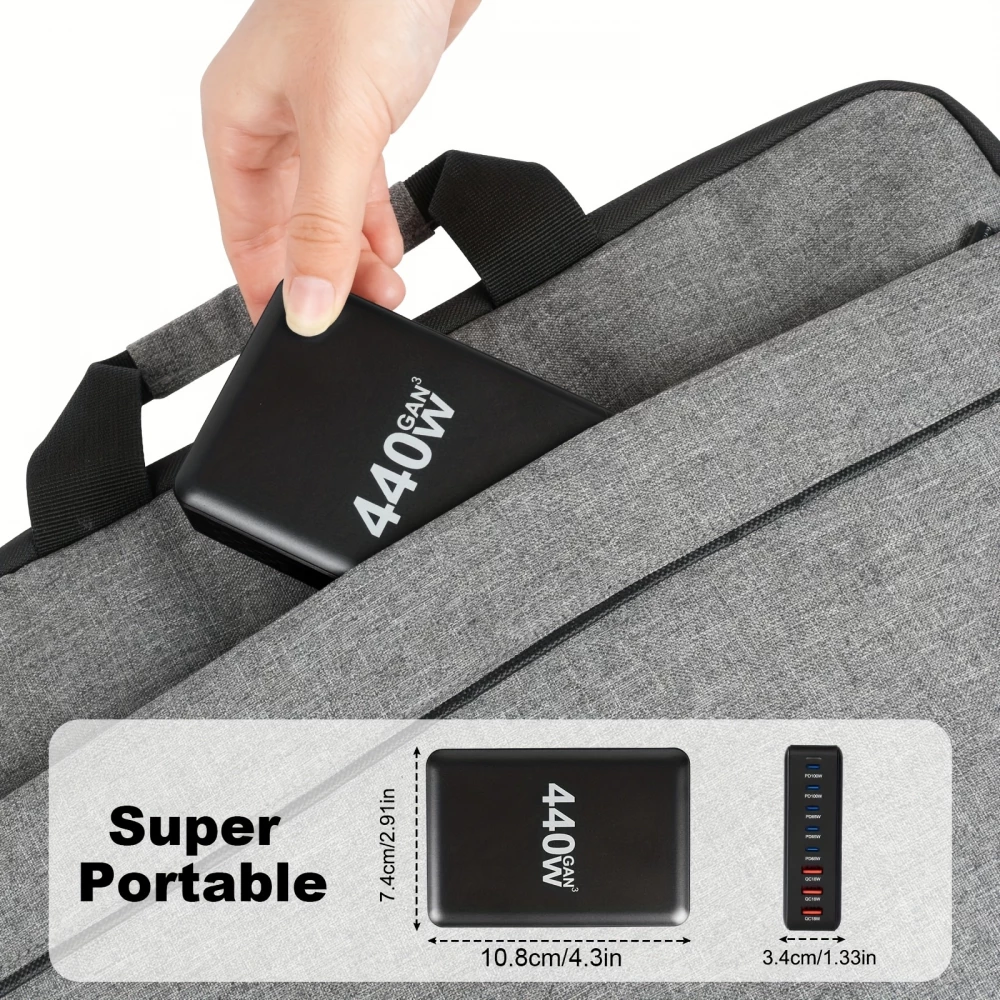 Chargeur rapide multi-port 440W GaN avec indicateurs LED 8 en 1 USB-C/USB-A prise CH/EU - Blanc