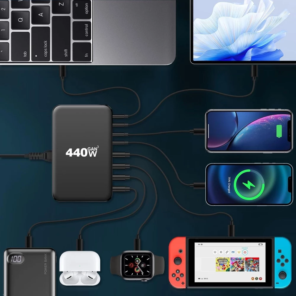 Chargeur rapide multi-port 440W GaN avec indicateurs LED 8 en 1 USB-C/USB-A prise CH/EU - Blanc