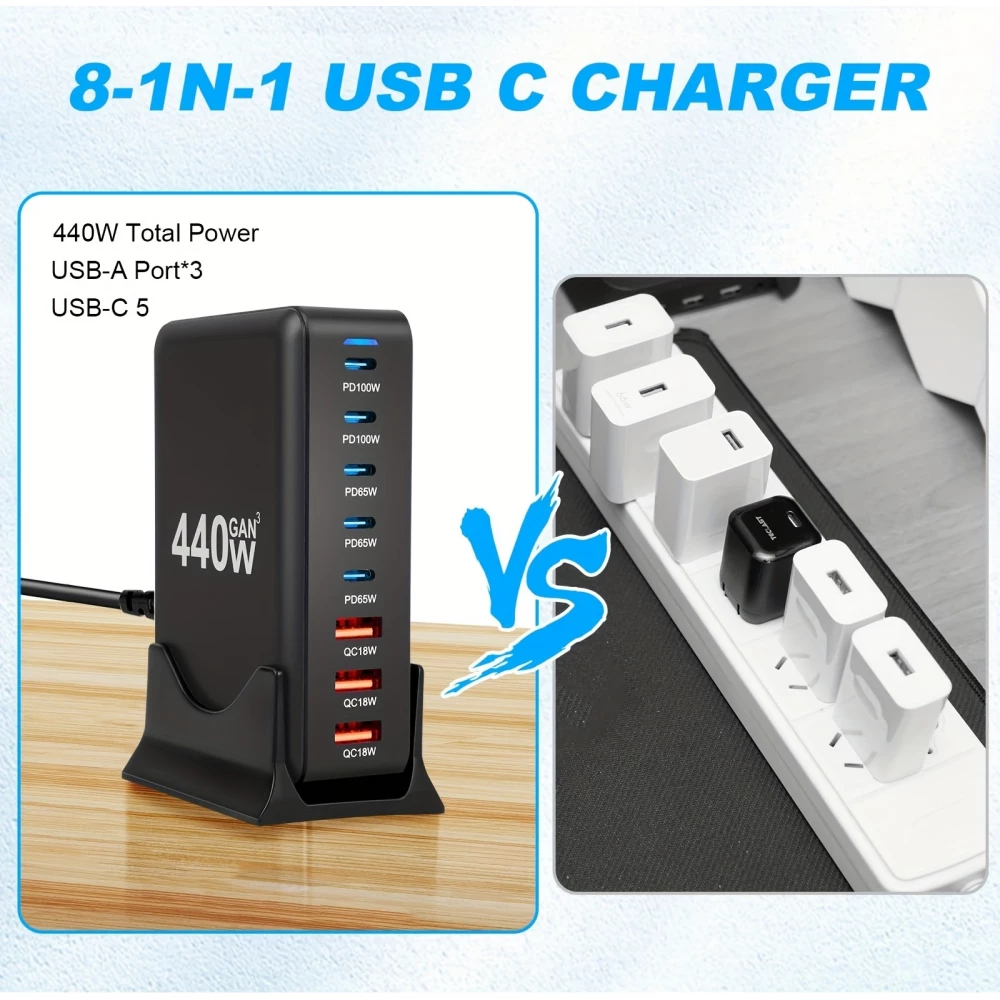 Chargeur rapide multi-port 440W GaN avec indicateurs LED 8 en 1 USB-C/USB-A prise CH/EU - Blanc