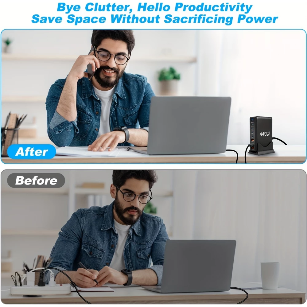Chargeur rapide multi-port 440W GaN avec indicateurs LED 8 en 1 USB-C/USB-A prise CH/EU - Blanc