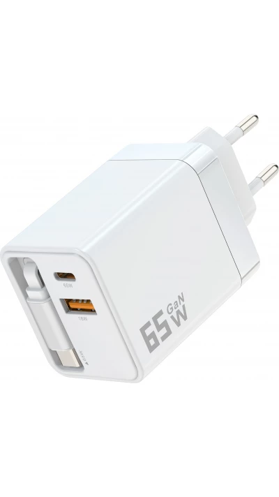 Schnellladegerät Multiport PD 65W mit integriertem USB-C-Kabel - Weiß