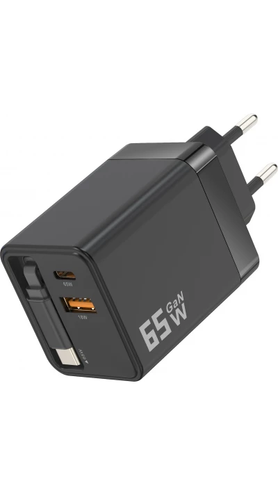 Schnellladegerät Multiport PD 65W mit integriertem USB-C-Kabel - Schwarz