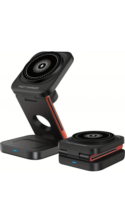 3-in-1 15W Magnetischer Kabelloser Ladegerät mit Faltbarem Ständer für iPhone / Apple Watch / AirPods und USB-C-Anschluss - Schwarz