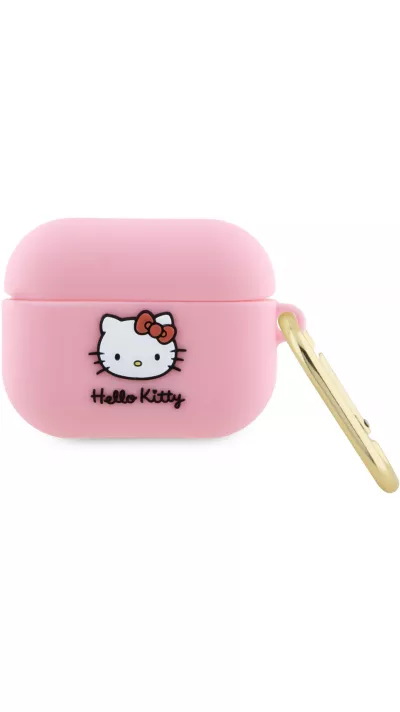 AirPods Pro / Pro 2 Case Hülle - Hello Kitty Soft-Touch-Silikon mit integriertem goldenen Karabinerhaken und Logoprägung - Rosa