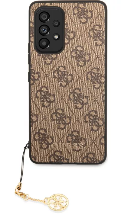 Samsung Galaxy A53 5G Case Hülle - Guess Leinwand Kunstleder Monogramm goldenen Metall-Logo mit Charm Anhänger - Braun