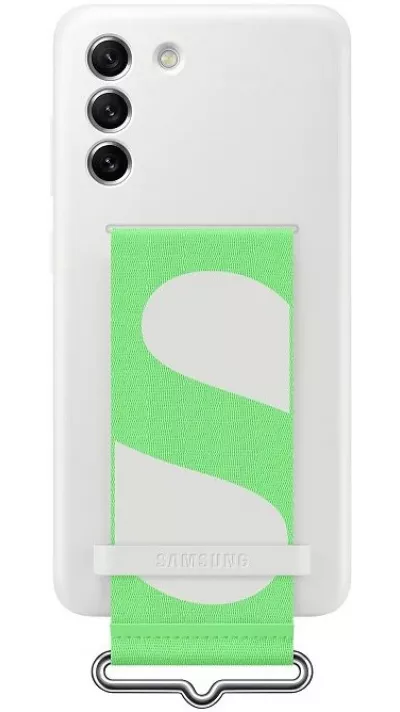 Galaxy S21 FE 5G Case Hülle - Original aus Soft-Touch-Silikon mit integriertem grünem Stoffriemen - Weiss