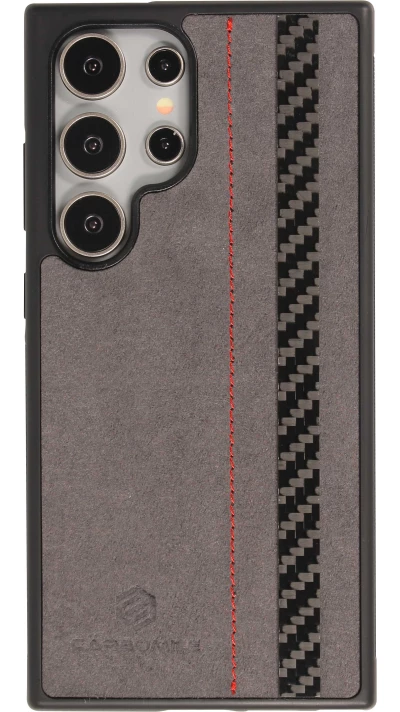 Coque Samsung Galaxy S24 Ultra - Carbomile alcantara et carbone avec surpiqûres rouges (compatible MagSafe)