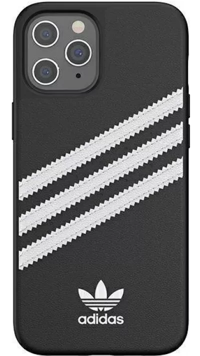 Coque iPhone 12 Pro Max - Adidas Gazelle style similicuir bandes blanches cousues et logo imprimé - Noir