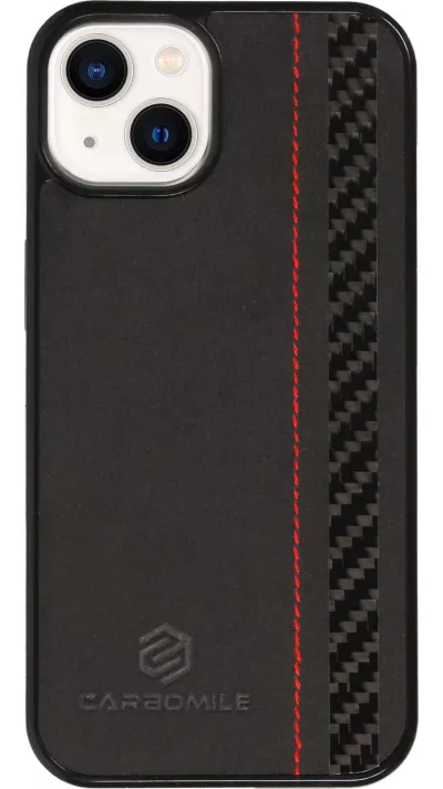 Coque iPhone 15 - Carbomile alcantara et carbone avec surpiqûres rouges (compatible MagSafe)