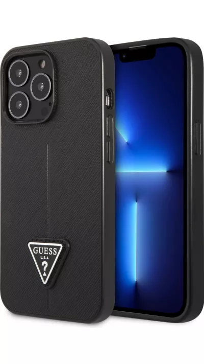 iPhone 13 Pro Case Hülle - Guess aus schwarzem Kunstleder mit Dreieckslogo aus Metall - Schwarz