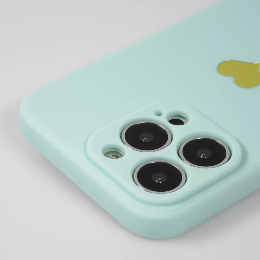 Coque iPhone 16 Pro - Silicone Mat Coeur doré - Turquoise