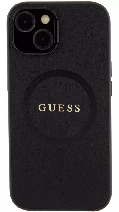 iPhone 15 Case Hülle - Guess Kunstleder Saffiano Gold Metall-Logo und MagSafe - Schwarz