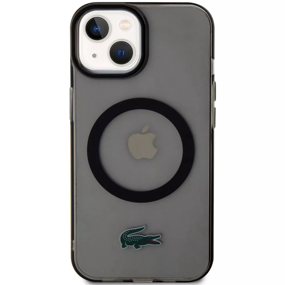 Coque iPhone 15 Plus - Lacoste gel laqué transparent avec MagSafe - Noir