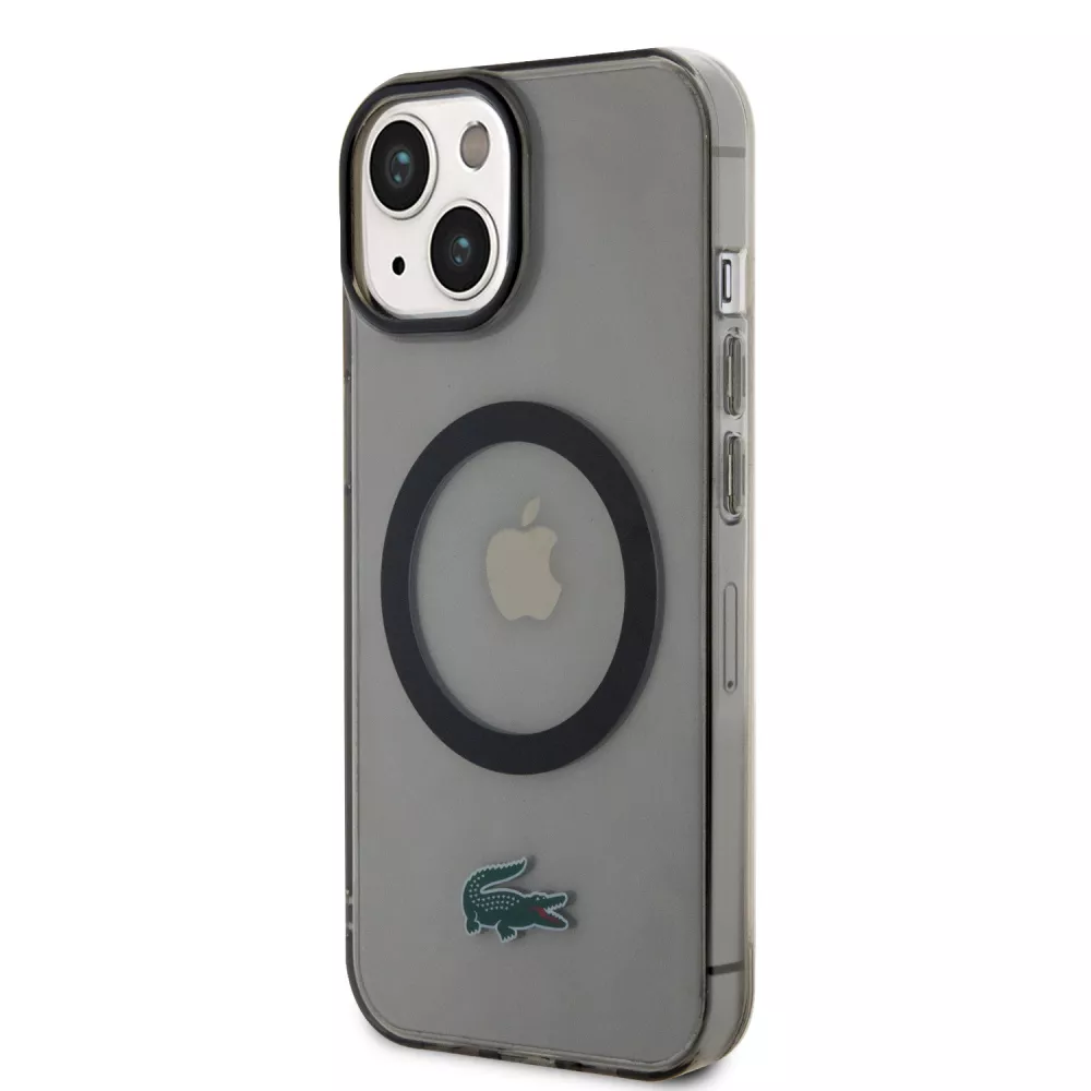 Coque iPhone 15 Plus - Lacoste gel laqué transparent avec MagSafe - Noir