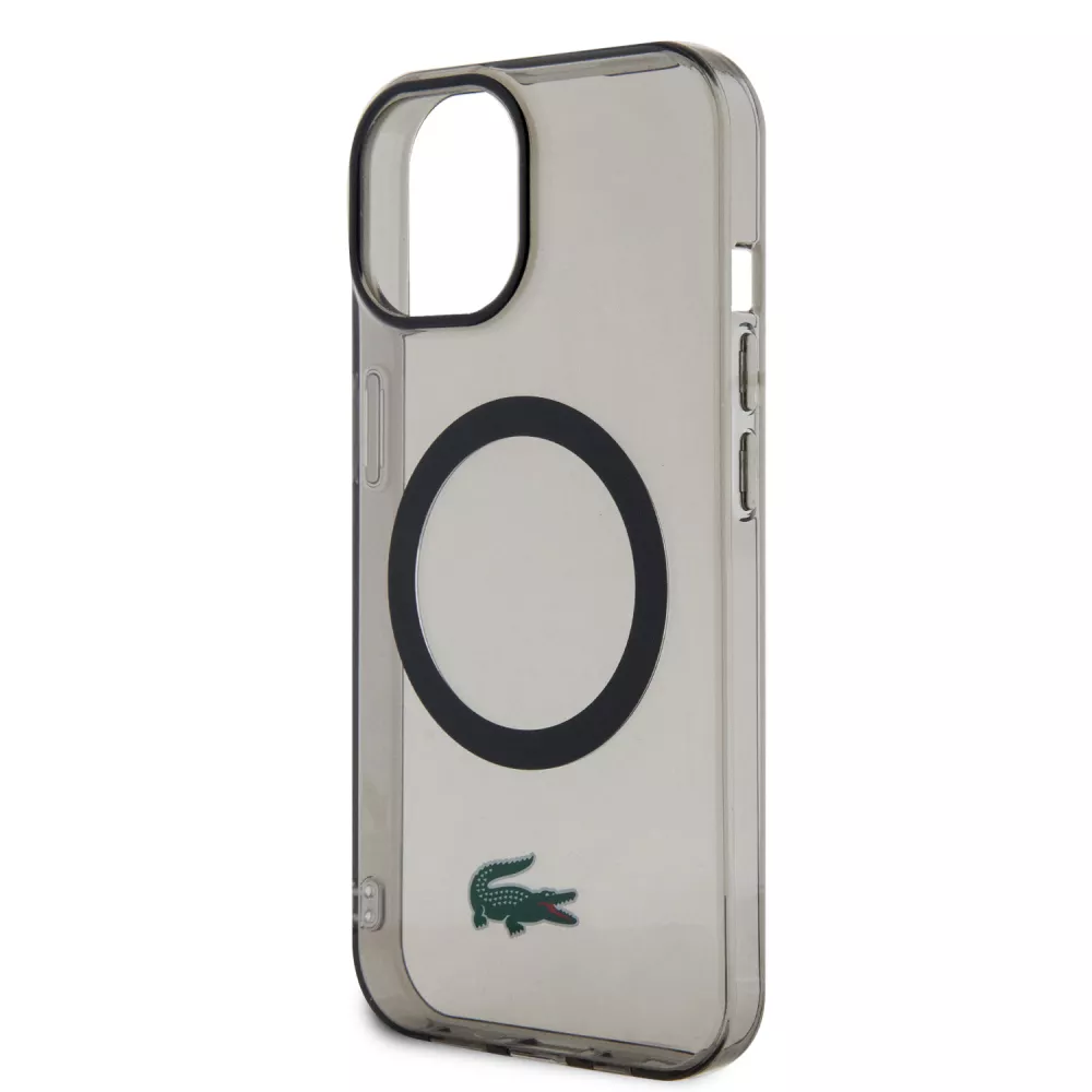 Coque iPhone 15 Plus - Lacoste gel laqué transparent avec MagSafe - Noir