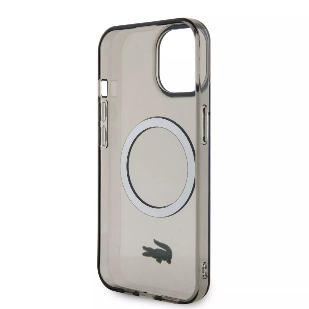 Coque iPhone 15 Plus - Lacoste gel laqué transparent avec MagSafe - Noir