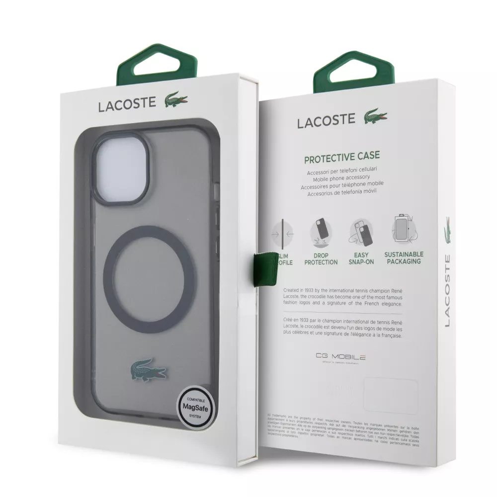 Coque iPhone 15 Plus - Lacoste gel laqué transparent avec MagSafe - Noir
