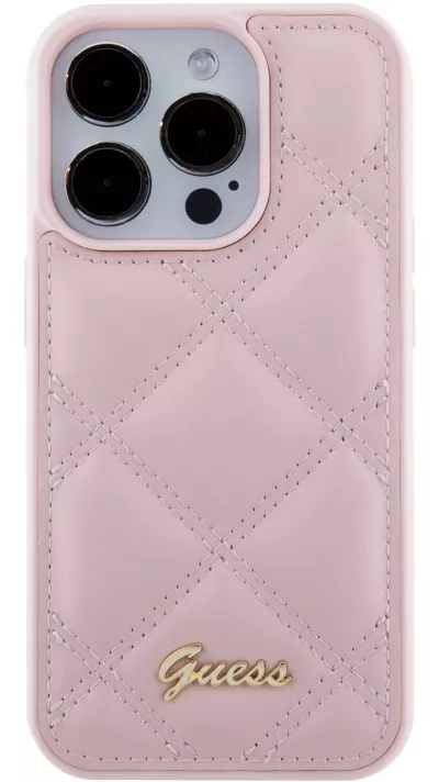 iPhone 15 Pro Max Case Hülle - Guess Kunstleder-Fleece in Karomuster und goldfarbener Metallic-Logoprägung - Hellrosa