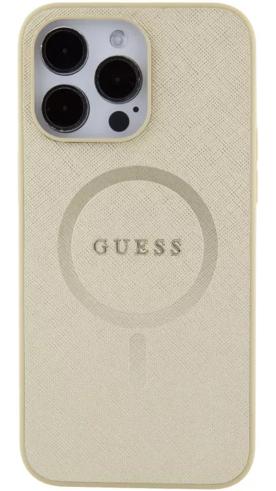 iPhone 15 Pro Max Case Hülle - Guess Kunstleder Saffiano Gold Metall-Logo und MagSafe - Gold