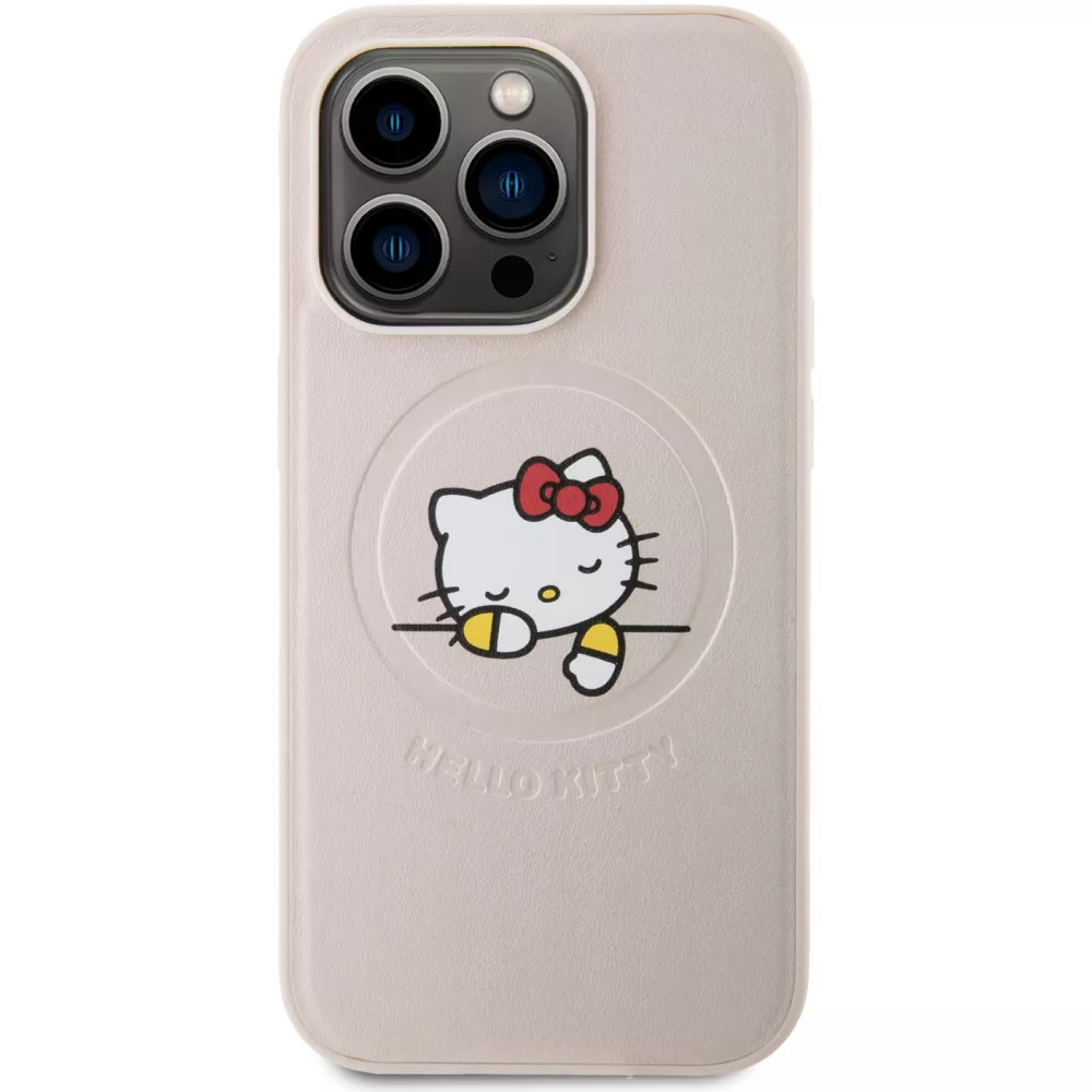 Coque iPhone 15 Pro - Hello Kitty rêveur en similicuir avec MagSafe - Rose clair