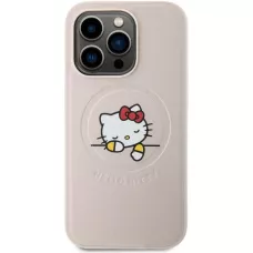 Coque iPhone 15 Pro - Hello Kitty rêveur en similicuir avec MagSafe - Rose clair