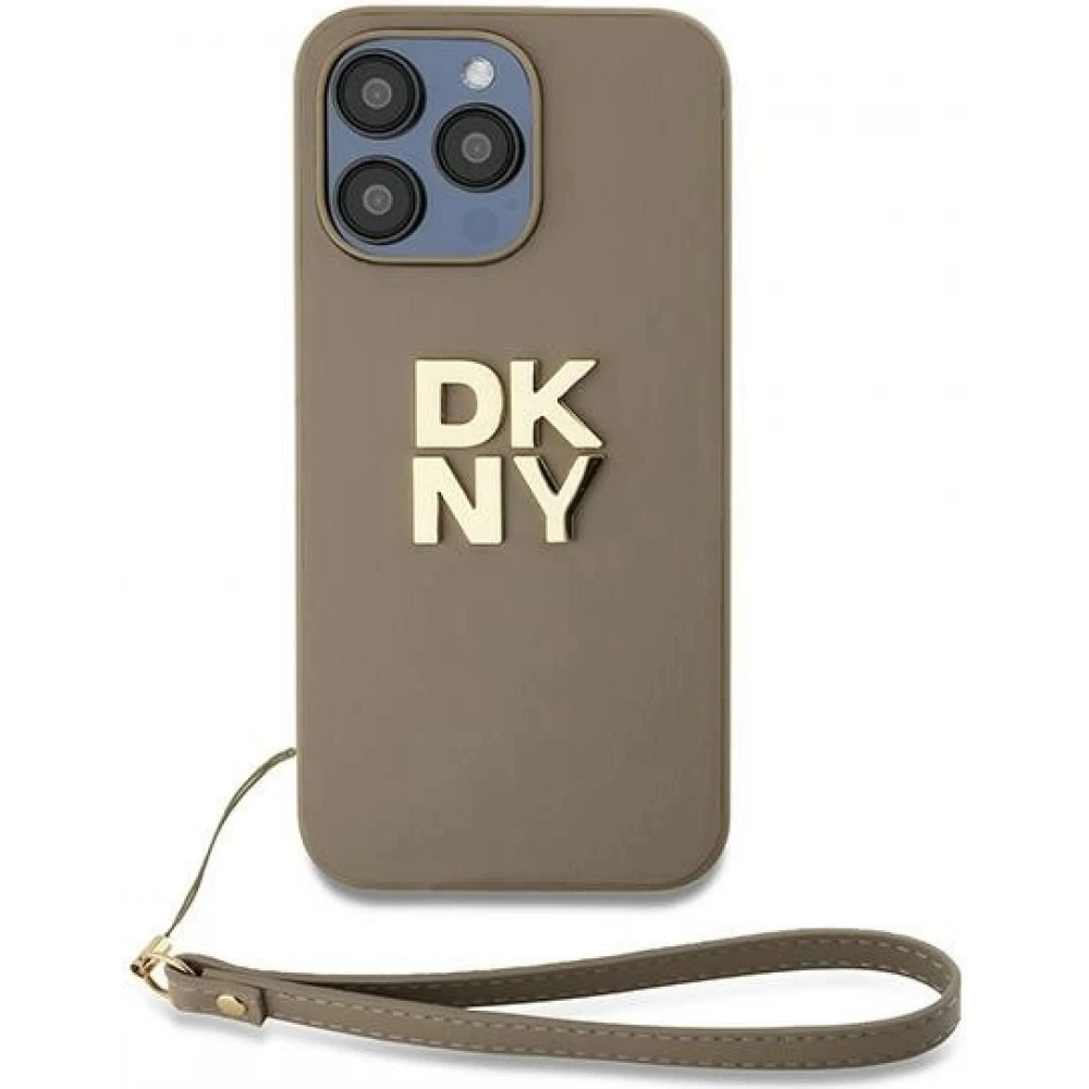 Coque iPhone 15 Pro Max - DKNY avec bracelet détachable et logo doré - Beige