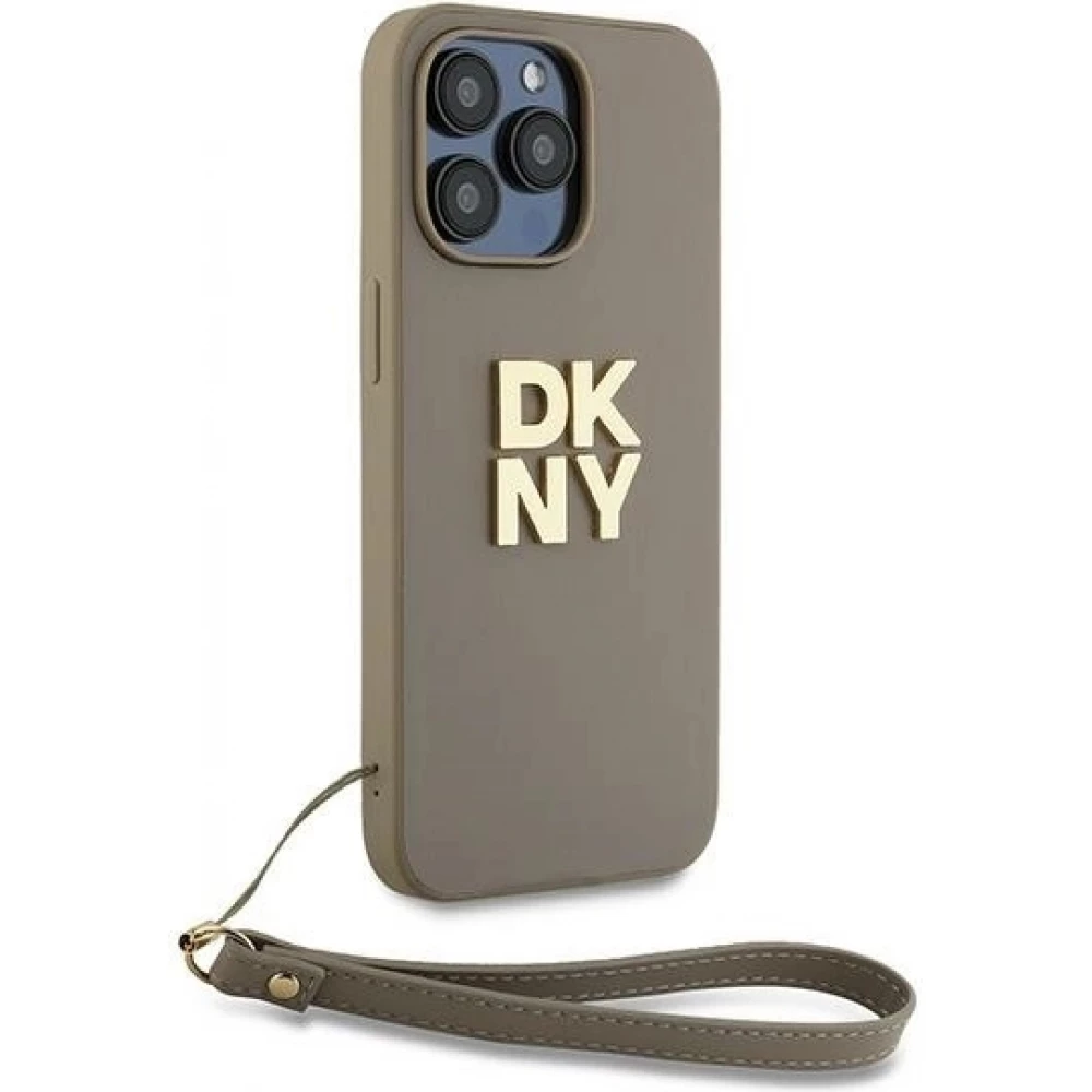 Coque iPhone 15 Pro Max - DKNY avec bracelet détachable et logo doré - Beige