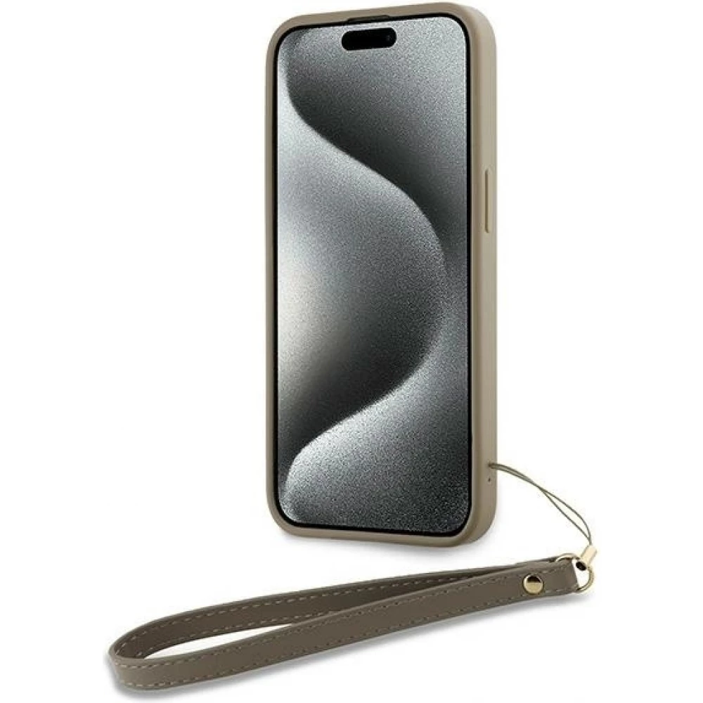 Coque iPhone 15 Pro Max - DKNY avec bracelet détachable et logo doré - Beige