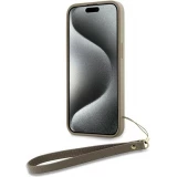 Coque iPhone 15 Pro Max - DKNY avec bracelet détachable et logo doré - Beige