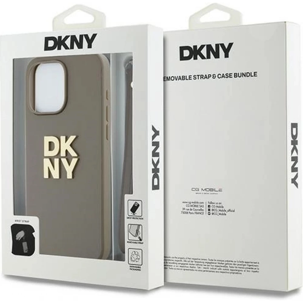 Coque iPhone 15 Pro Max - DKNY avec bracelet détachable et logo doré - Beige