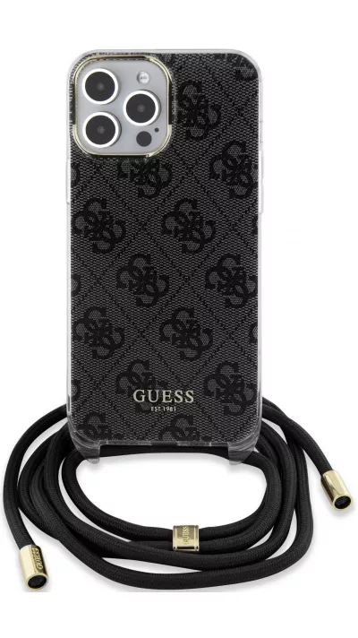 iPhone 15 Pro Case Hülle - Guess Monogramm in Lackoptik mit integriertem verstellbarem Riemen - Grau