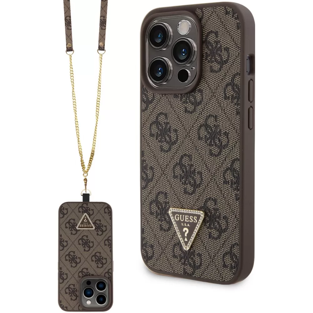 Coque iPhone 15 Pro - Guess monogramme similicuir logo métal et strass avec lanière amovible - Brun