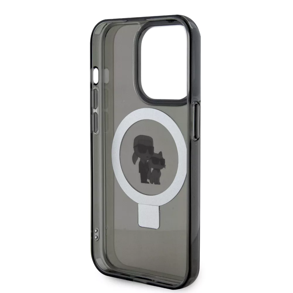Coque iPhone 15 Pro Max - Karl Lagerfeld et Choupette gel laqué avec anneau métallique de support amovible intégré et Magsafe - Gris