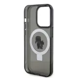 Coque iPhone 15 Pro Max - Karl Lagerfeld et Choupette gel laqué avec anneau métallique de support amovible intégré et Magsafe - Gris