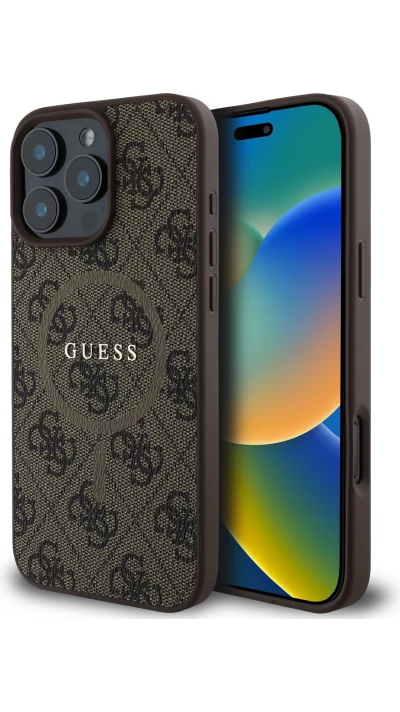 iPhone 16 Pro Max Case Hülle - Guess Monogramm Kunstleder mit integriertem Magsafe - Braun