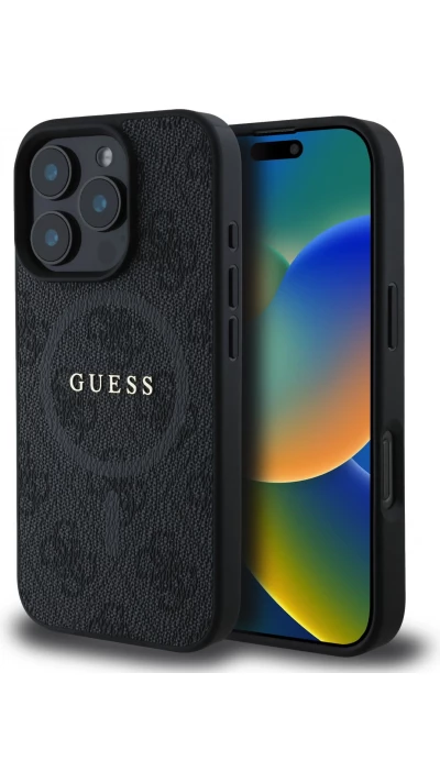 iPhone 16 Pro Max Case Hülle - Guess Monogramm Kunstleder mit integriertem Magsafe - Schwarz