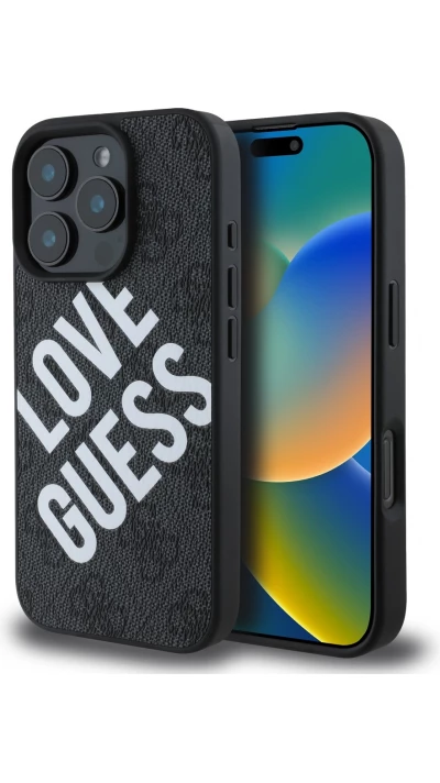 iPhone 16 Pro Max Case Hülle - Guess Monogramm Kunstleder mit Love Guess Street Style Logo und integriertem MagSafe - Schwarz