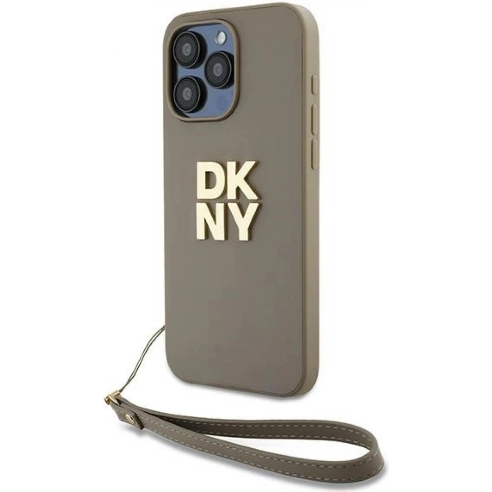 Coque iPhone 15 Pro Max - DKNY avec bracelet détachable et logo doré - Beige