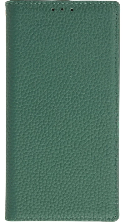iPhone 15 Case Hülle - Flip 3D echtes genarbtes Rindsleder - Grün