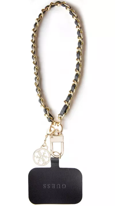Guess abnehmbarer Handgelenkriemen aus goldenen Gliedern und Kunstlederschnürsenkel mit Charm-Anhänger - Schwarz