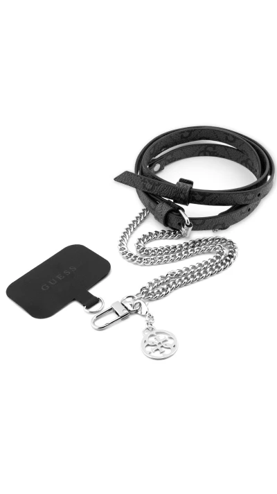 Universeller Guess Riemen / Schulterriemen aus Kunstleder mit verstellbarem Monogramm und silbernem Charm-Anhänger - Schwarz und Silber