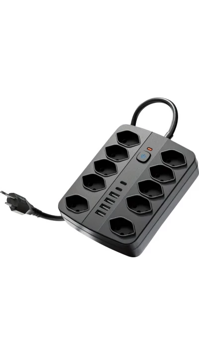 16-in-1 Steckdosenleiste (10 AC-Steckdosen / 4 USB-A-Ports / 2 USB-C-Ports) mit Ein/Aus-Schalter und Überlastschutz - Schwarz