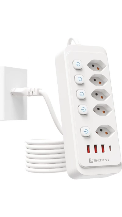 9-in-1 Steckdosenleiste 2500W mit 5 AC-Steckdosen und individuellen Schaltern, 4 USB-Anschlüssen (1 USB-C) - Weiß