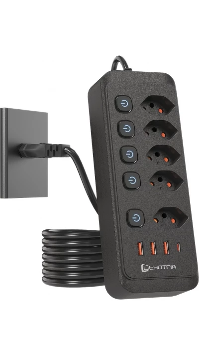 Steckdosenleiste 2500W mit 5 AC-Steckdosen und einzelnen Schaltern, 4 USB-Ports inkl. 1 USB-C - Schwarz